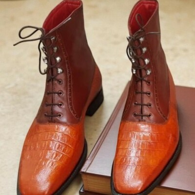 Crafted leather handmade classic brown tan crocodile leather alligator ankle high lace up dress boot
