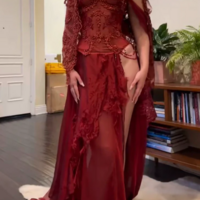 Off Shoulder Burgudny Long Prom Dress Lace Evening Party Dress  - Thumbnail 1