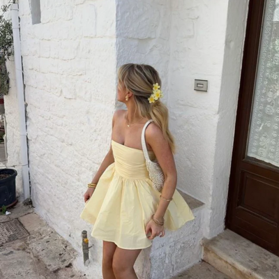 Strapless yellow short prom dresses
