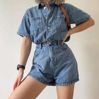 Fashionable and simple short denim jumpsuit - Thumbnail 2
