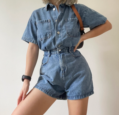 Fashionable and simple short denim jumpsuit