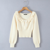 Lace collarbone exposed round neck ribbon bow knitted sweater - Thumbnail 3