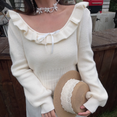 Lace collarbone exposed round neck ribbon bow knitted sweater - Thumbnail 3