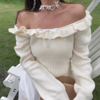 Lace collarbone exposed round neck ribbon bow knitted sweater - Thumbnail 4