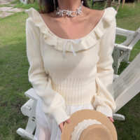 Lace collarbone exposed round neck ribbon bow knitted sweater - Thumbnail 5