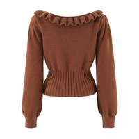 Lace collarbone exposed round neck ribbon bow knitted sweater - Thumbnail 2