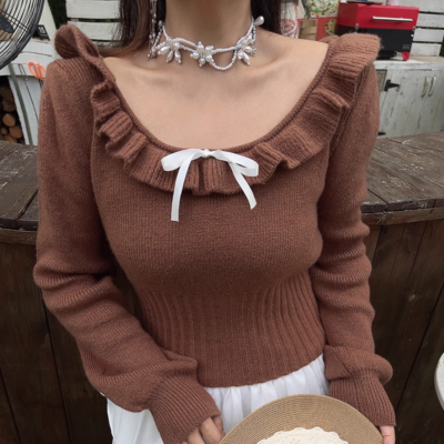 Lace collarbone exposed round neck ribbon bow knitted sweater - Thumbnail 3