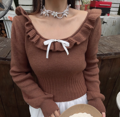 Lace collarbone exposed round neck ribbon bow knitted sweater