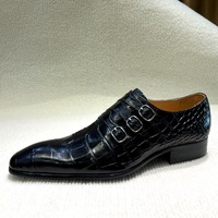 Men's embossed trendy three-buckle leather shoes 2 colors - Thumbnail 3