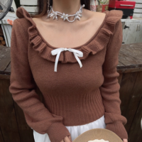 Lace collarbone exposed round neck ribbon bow knitted sweater - Thumbnail 4