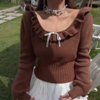 Lace collarbone exposed round neck ribbon bow knitted sweater - Thumbnail 5