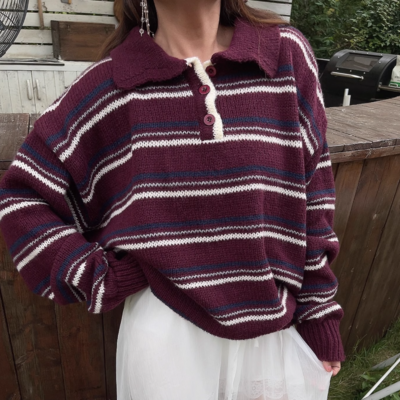 Retro style fashion casual long beard pullover striped knitted sweater