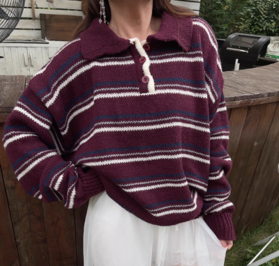 Retro style fashion casual long beard pullover striped knitted sweater