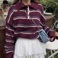 Retro style fashion casual long beard pullover striped knitted sweater - Thumbnail 1