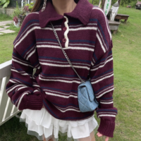 Retro style fashion casual long beard pullover striped knitted sweater - Thumbnail 2