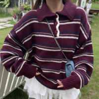 Retro style fashion casual long beard pullover striped knitted sweater - Thumbnail 3