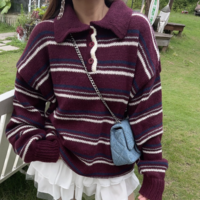 Retro style fashion casual long beard pullover striped knitted sweater - Thumbnail 4