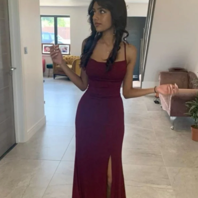 A line burgundy stain long split prom dresses - Thumbnail 1