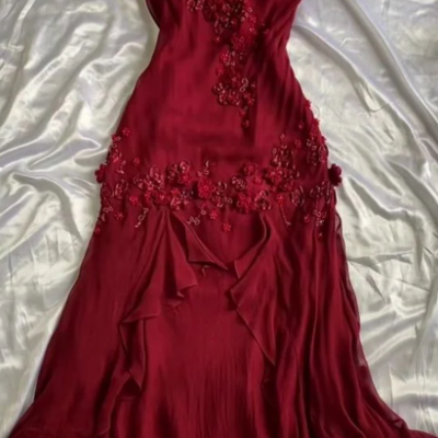 Vintage spaghetti straps burgundy long evening dresses with beads - Thumbnail 2