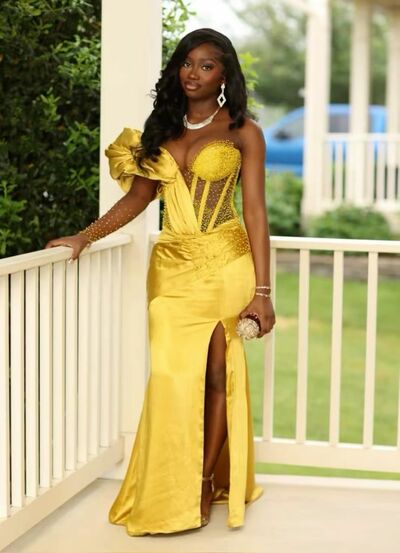 Yellow Mermaid Beading Crystals Prom Dresses Evening Gowns Formal Party Gowns