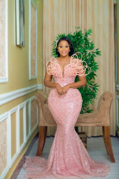 Pink Mermaid Beading Crystals Afrcian Girls Prom Dresses Evening Gowns Formal Party Gowns