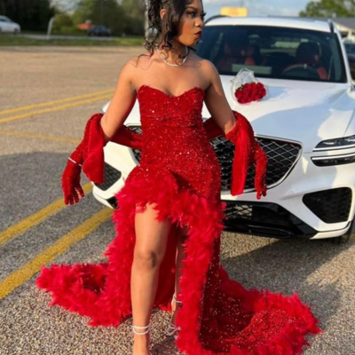 Elegant red sequin long prom dresses with slit - Thumbnail 1