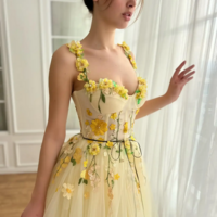 Elegant Yellow Floral Lace and Tulle Ball Gown Dresses - Thumbnail 1