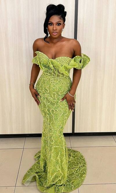 Green Mermaid Beading Crystals Afrcian Girls Prom Dresses Evening Gowns Formal Party Gowns