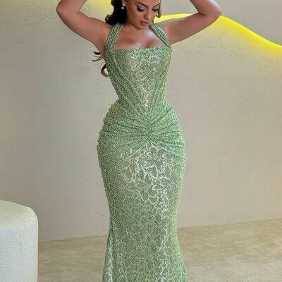 Green mermaid beading crystals afrcian girls prom dresses evening gowns formal party gowns