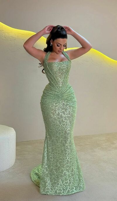 Green Mermaid Beading Crystals Afrcian Girls Prom Dresses Evening Gowns Formal Party Gowns