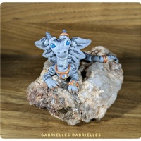 Clawdia the Tabby Dragon polymer clay sculpture on raw quartz crystal rock - Thumbnail 1
