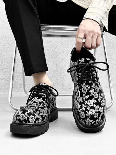 Floral Lace Up Leather Shoes For Men
