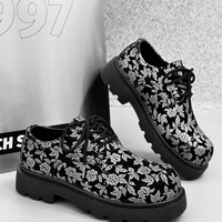 Floral Lace Up Leather Shoes For Men - Thumbnail 3