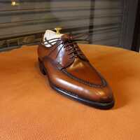 Men’s Handmade Brown Leather Derby Shoes – Italian Style Formal Dress Shoes with Handstitched Apron Front - Thumbnail 1