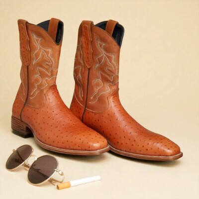 Crafted leather classic men brown ostrich leather cowboy boot