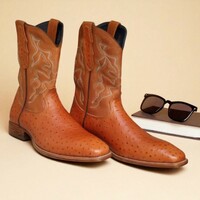 Crafted Leather Classic Men Brown Ostrich Leather Cowboy Boot - Thumbnail 1