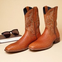 Crafted Leather Classic Men Brown Ostrich Leather Cowboy Boot - Thumbnail 2