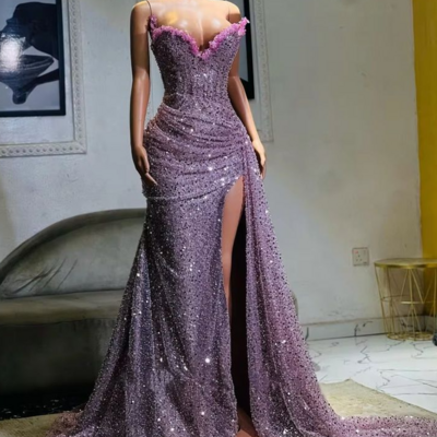 Elegant light purple high split evening dresses, mermaid prom dresses