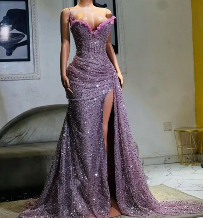 Elegant Light Purple High Split Evening Dresses, Mermaid Prom Dresses