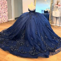 Mermaid Navy Blue Quinceanera Dress Floral Applique Sweet 16 Dress - Thumbnail 1