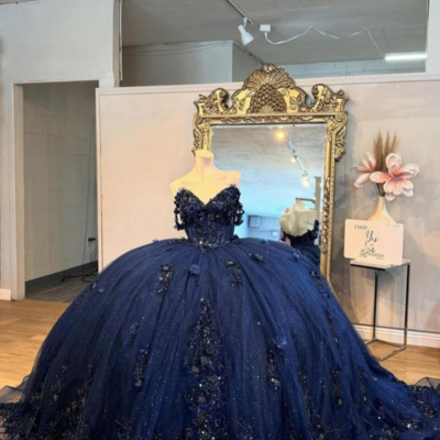 Mermaid navy blue quinceanera dress floral applique sweet 16 dress