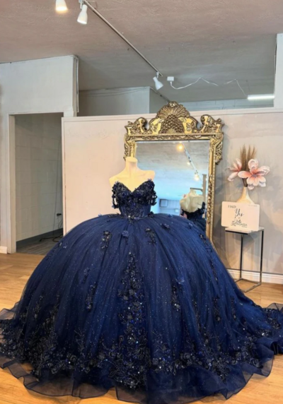 Mermaid Navy Blue Quinceanera Dress Floral Applique Sweet 16 Dress