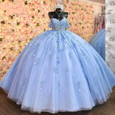 Sparkly Ball Gown Sky Blue Quinceanera Dress Appliques Sweet 16 Dress