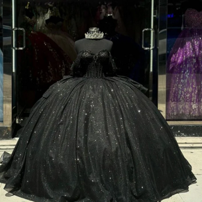 Shiny ball gown black quinceanera dress with bow 