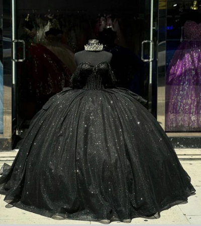 Shiny Ball Gown Black Quinceanera Dress With Bow 