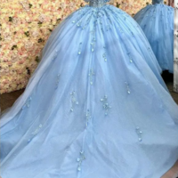 Sparkly Ball Gown Sky Blue Quinceanera Dress Appliques Sweet 16 Dress - Thumbnail 1