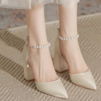 Pearl-Embellished Satin Classy Women’s Pointed Toe Shoes - Thumbnail 1