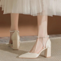 Pearl-Embellished Satin Classy Women’s Pointed Toe Shoes - Thumbnail 2