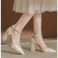 Pearl-Embellished Satin Classy Women’s Pointed Toe Shoes - Thumbnail 4