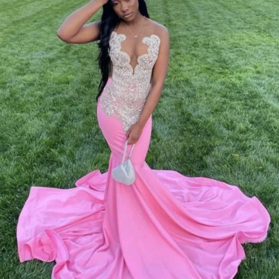 Elegant pink long mermaid prom dress with beading - Thumbnail 1